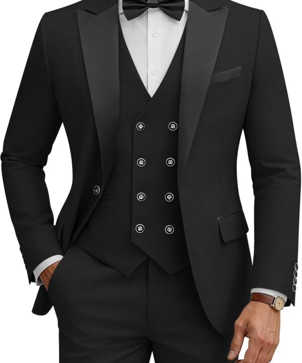 WULFUL Men's 3 Piece Suits Slim Fit Tuxedo Suit Set Double Breasted Suit Jacket Vest Pants Set for Wedding Prom