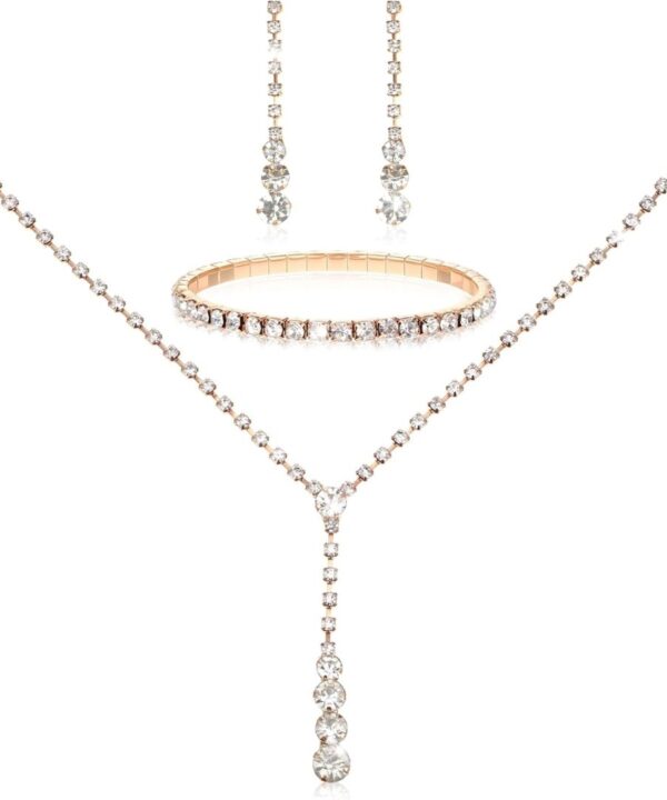 Gold Wedding Jewelry Sets for Women Gold Rhinestone Necklace Earrings Bracelet Bridesmaid Bridal Necklace for Wedding Costume Accessories for Women
