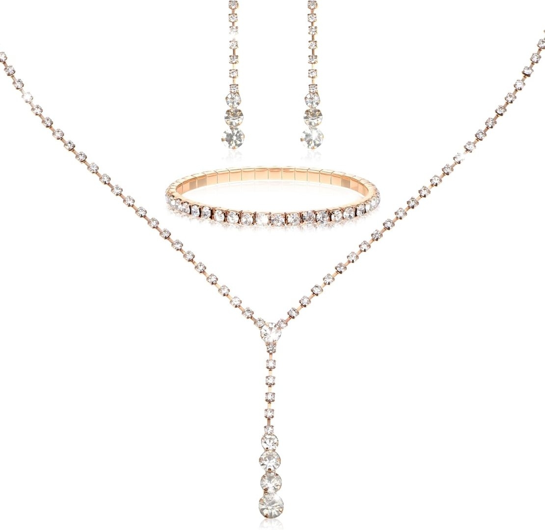 Gold Wedding Jewelry Sets for Women Gold Rhinestone Necklace Earrings Bracelet Bridesmaid Bridal Necklace for Wedding Costume Accessories for Women