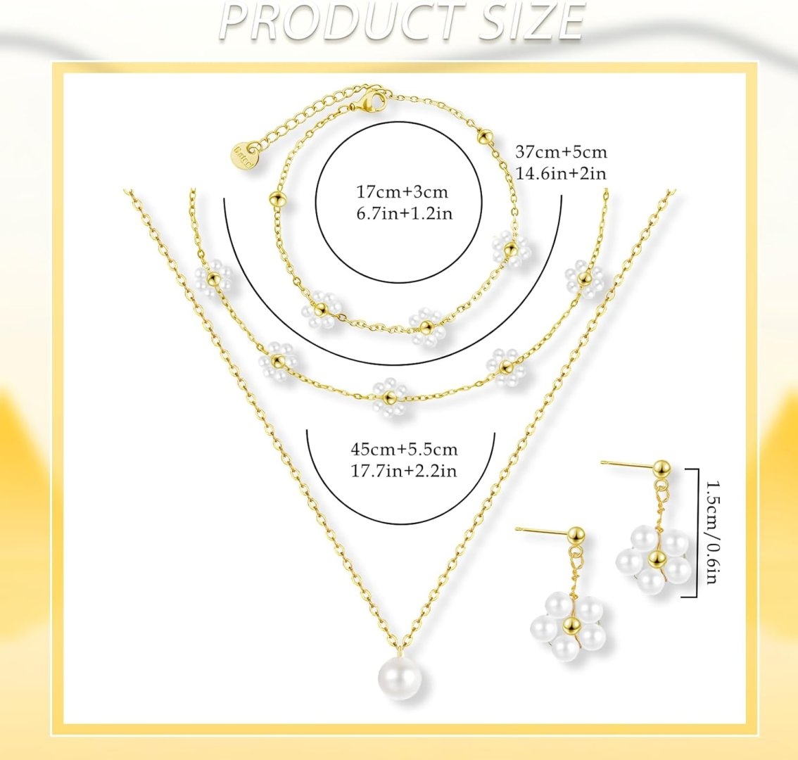 Gold Jewelry Set for Women Dainty 18K Gold Silver Plated Layered Daisy Pearl Flower Choker Necklaces Set Flower Bracelet & Drop Earrings Wedding Jewelry for Christmas Birthday Gifts