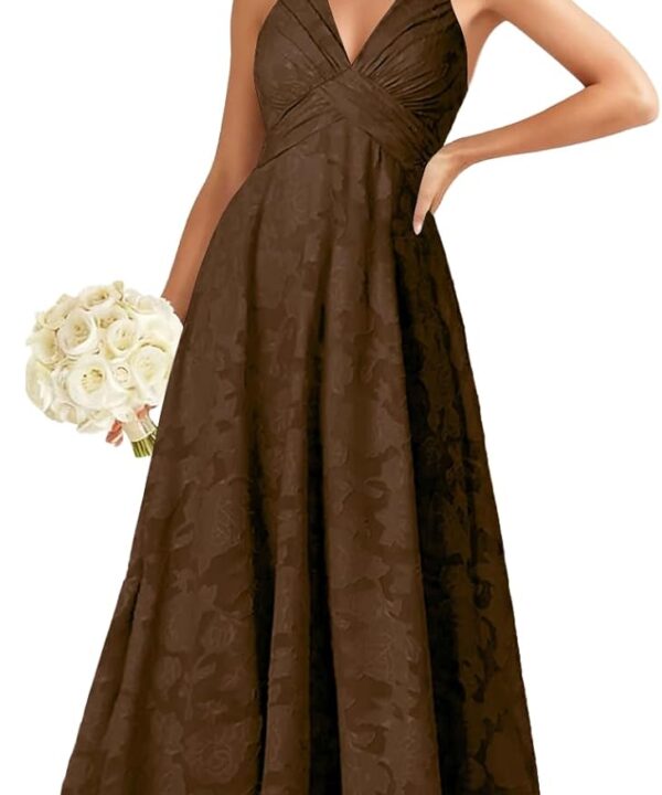 Halter Floral Bridesmaid Dress Long Jacquard Chiffon A-Line Corset Formal Evening Party Gowns
