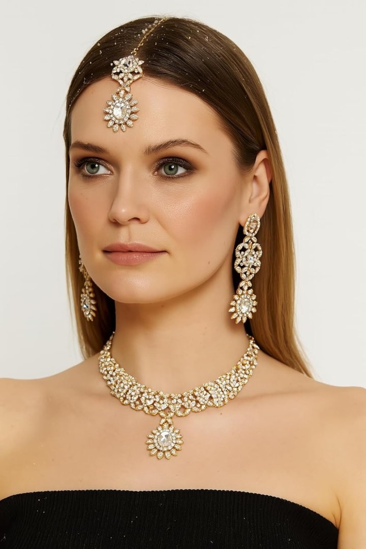 Touchstone Indian jewelry sets for women wedding gold kundan necklace traditional earrings tikka bollywood party style white crystal rhinestone guest gift bridal costume prom dainty accessories