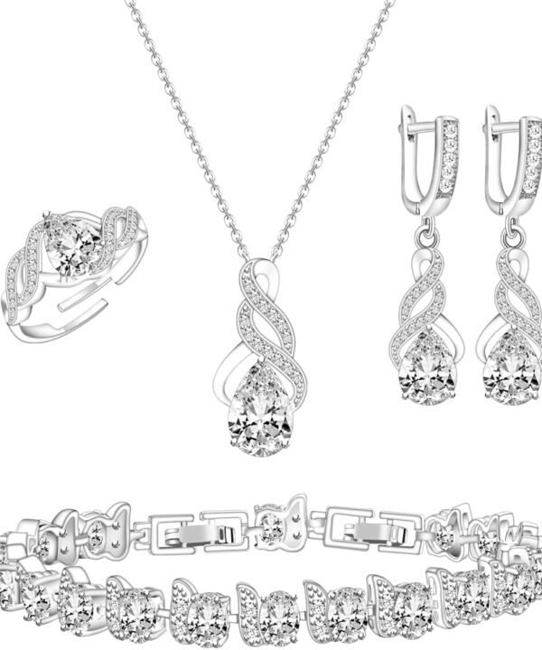 LMXXVJ Jewelry Set for Women,Teardrop Cubic Zirconia Necklace Earrings Adjustable Ring Bracelet Jewelry Set Formal Jewelry Gift