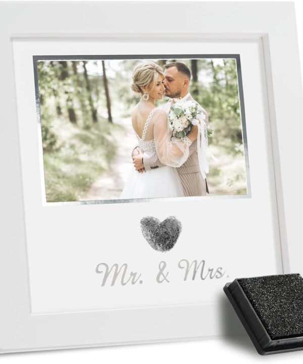 SEEBERY Heart Thumbprint Wedding Picture Frame with Ink Kit, Engagement Gifts for Couples Keepsake Wedding Registry Search Personalized Bridal Shower Gifts for Mr And Mrs Newlywed (White)