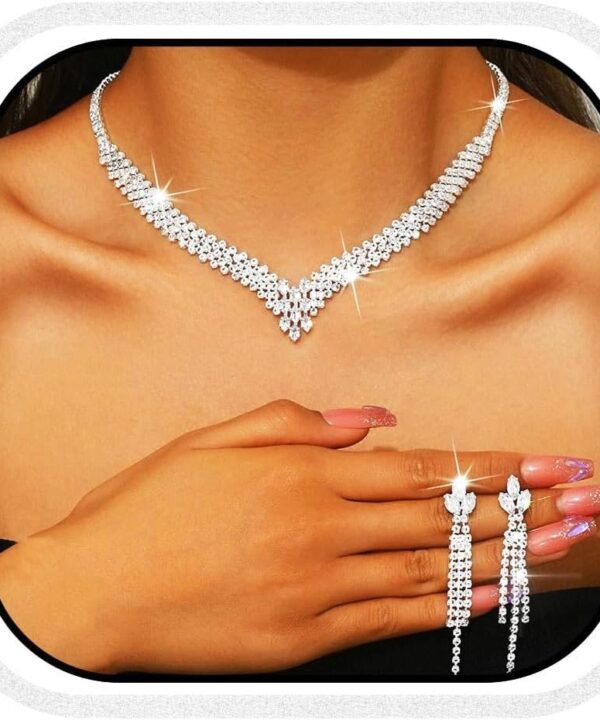 Aukmla Bridal Jewelry Set Silver Rhinestones Bride Wedding Necklace Earring Sets Prom Necklaces for Women