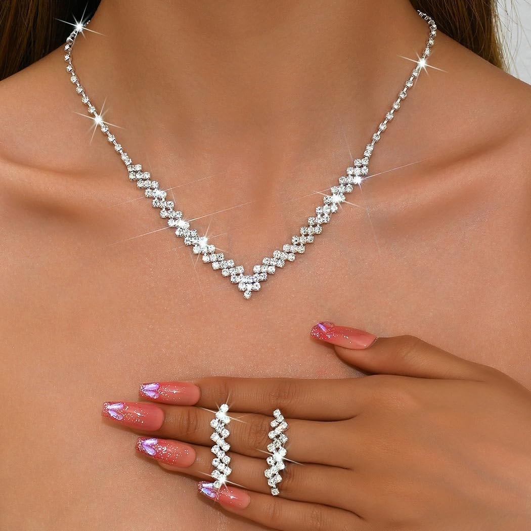 Aukmla Bridal Jewelry Set Rhinestones Bride Wedding Necklace Earring Sets Prom Costume Necklaces for Women