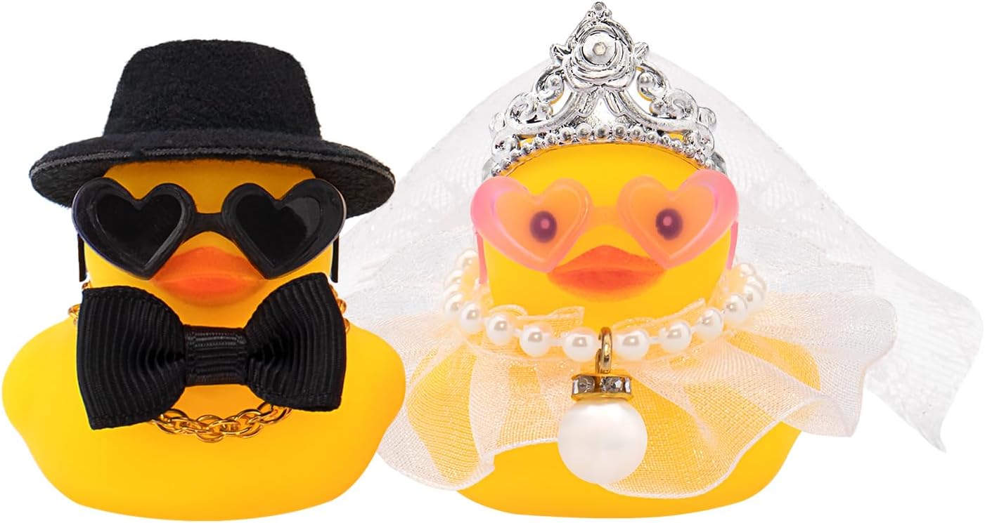 wonuu Pair Set of 2 Bride and Groom Rubber Ducks for Wedding Favors, Party Favors, Ceremony Gift Set, Marriage Souvenir, Marry Blessings, Aniversary Present, White Dess with Veil&Soft Top Hat