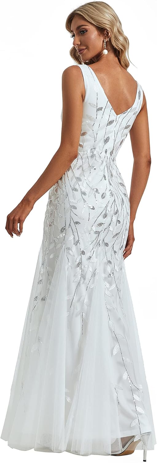 Ever-Pretty Womens Sequin Formal Dress Double V-Neck Sleeveless Mermaid Long Evening Dresses 07886