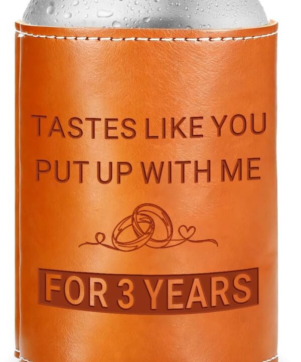 Leather 3rd Anniversary Wedding Gifts for Him, 3 Year Anniversary Leather Gift for Men Husband,Valentines Day Gifts for Him,Birthday Present for Husband Boyfriend, Couple Leathers Can Cooler 12Oz,