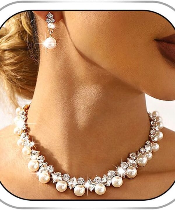 Gangel Rhinestone Necklace Earring Set Faux Pearl Necklace and Dangle Earrings Wedding Bridal Jewelry Crystal Necklaces for Women
