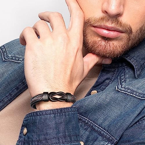 Brown Braided Leather Stainless Steel Infinity Bracelets Lettering Love You Forever Gifts for Son Grandson Husband Boyfriend Brother Always Linked Together