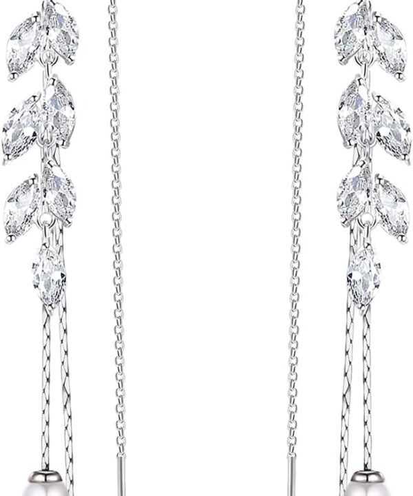 Long Imitation Pearl Dangle Earrings with Cubic Zirconia Hook Threader Earrings for Bride Bridesmaid Wedding Prom