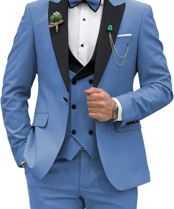 Mens Slim Fit Suit 3 Piece, Wedding Prom Party Business Tuxedo, Double Breasted Blazer Vest and Pants with Bow Tie