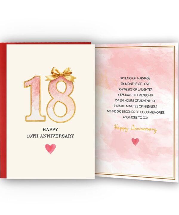 18 Year Anniversary Card,18th Anniversary Card Gifts,18 Year Wedding Anniversary Day Gifts,Happy 18th Anniversary,8x5.3 Inches,Double-Sided
