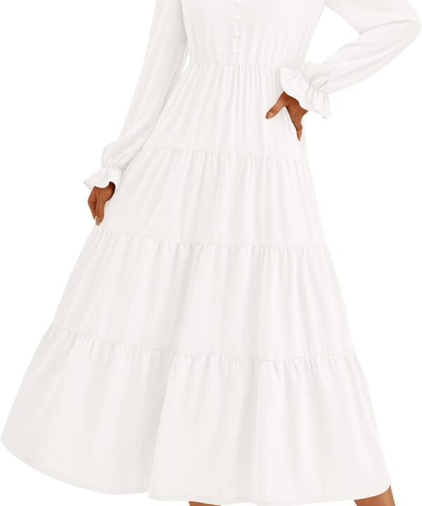 PRETTYGARDEN Long Sleeve Dress for Women Fall V Neck Tiered A Line Spring Elegant Modest Flowy Wedding Guest Maxi Dresses