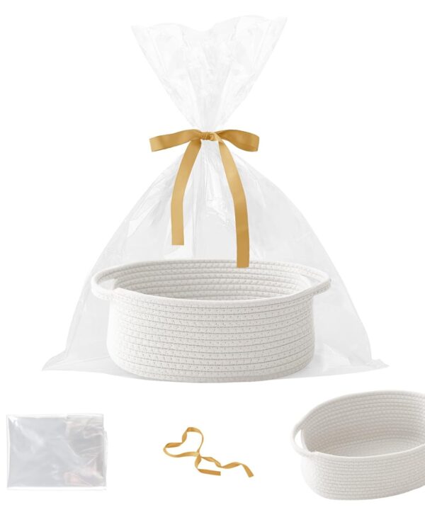 Small Woven Rope Basket-Empty Gifts Basket with Bag and Ribbons,Cute Handle Organizer Box for Birthday/Baby Shower, Toy Storage, Nursery Organizing & Shelf Decor(White)