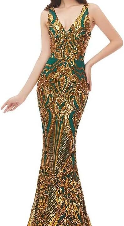 Women's V Neck Sparkly Sequins Prom Dress A Line Tulle Dresses Long Ball Gown Engagement Celebrity Pageant Evening Gowns