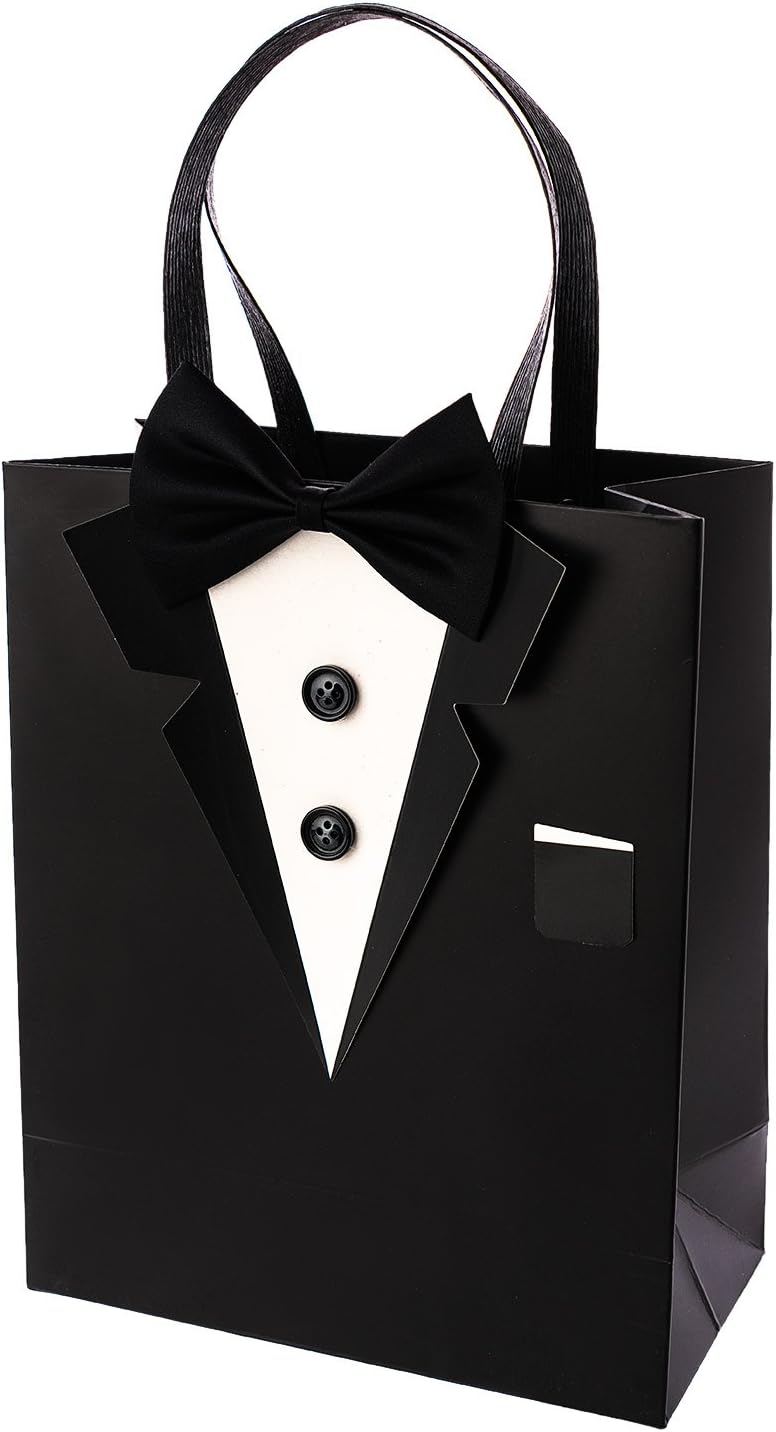 Crisky 6 Pack Classic Black 3D Tuxedo Gift Bags Real Bow Tie, Buttons for Groomsman Fathers Birthday Anniversary Wedding Favor 10 x8 x4