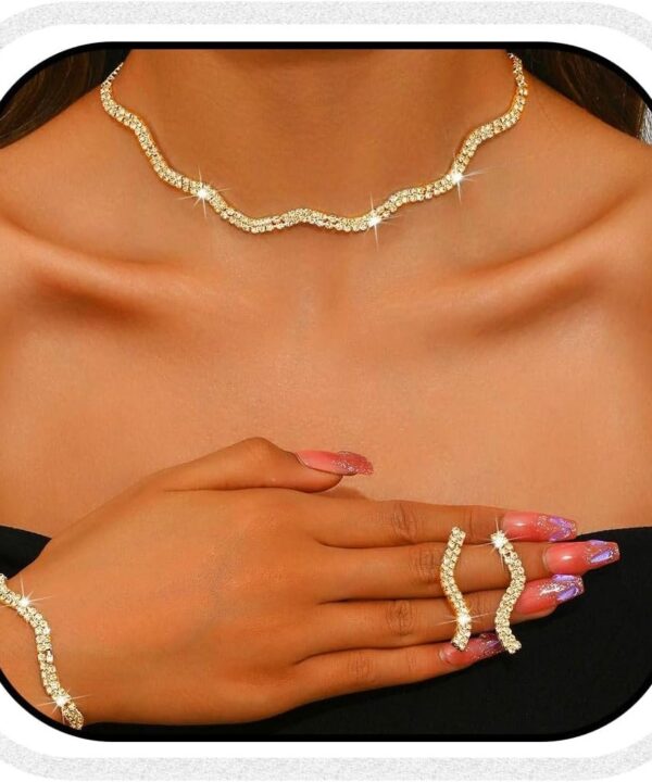 Aukmla Rhinestones Bridal Wedding Jewelry Set Choker Necklaces Earrings Bracelet Sets Prom Jewelry for Women and Brides