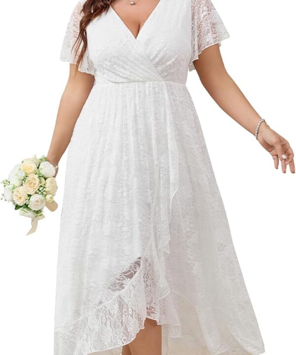 SCOMCHIC Womens Plus Size Wedding Guest Dress Formal Lace Wrap V Neck High Low Short Sleeve Cocktail Maxi Dresses XL-4XL