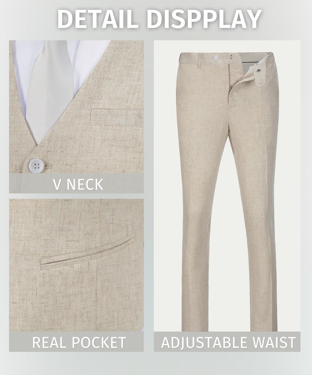 Mens Linen 2 Piece Suit Slim Fit Wedding Groom Groomsmen Summer Vest Shorts Set