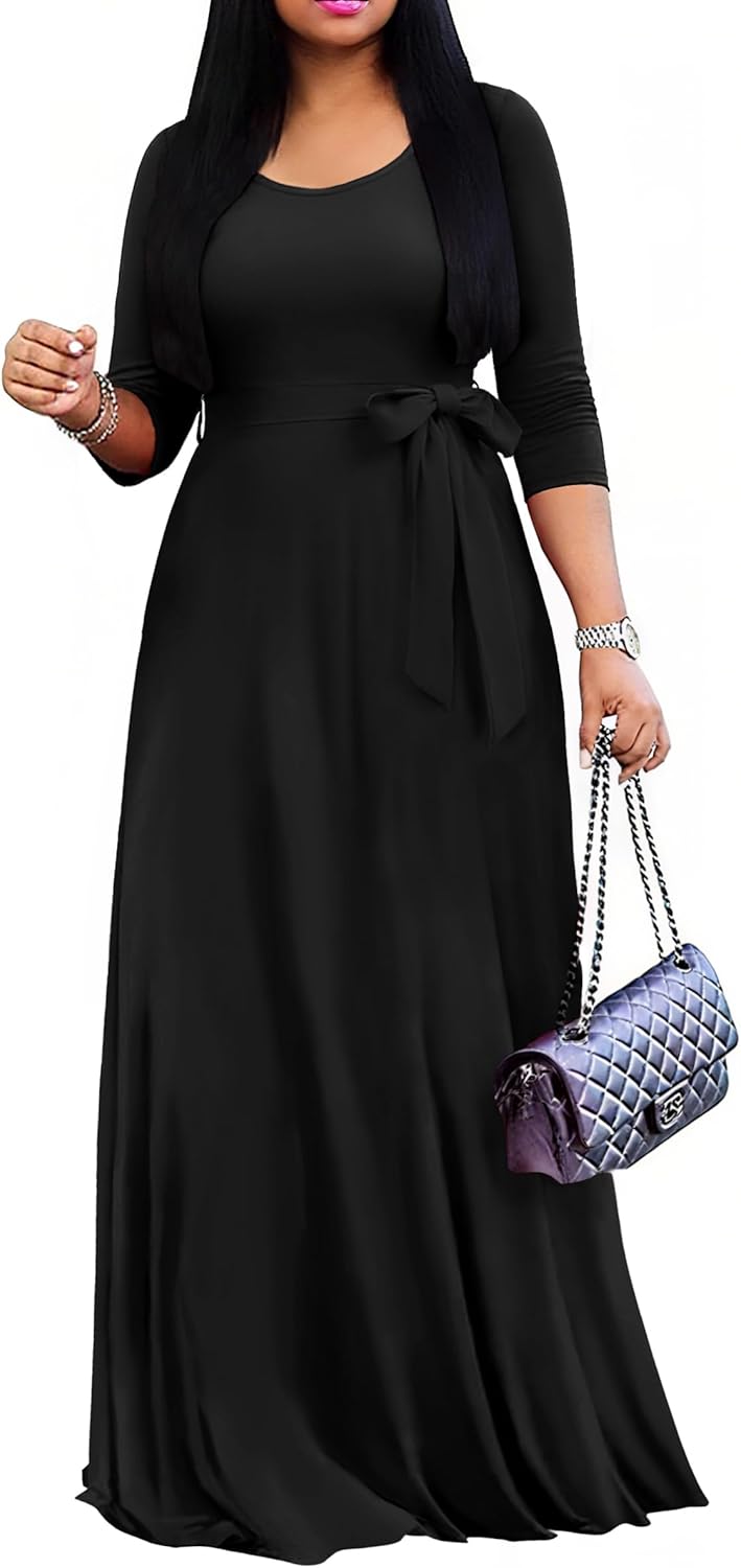 FANDEE Maxi Dress for Women 2026, Long Casual Empire Waist Dresses 3/4 Sleeve Round Neck with Belt