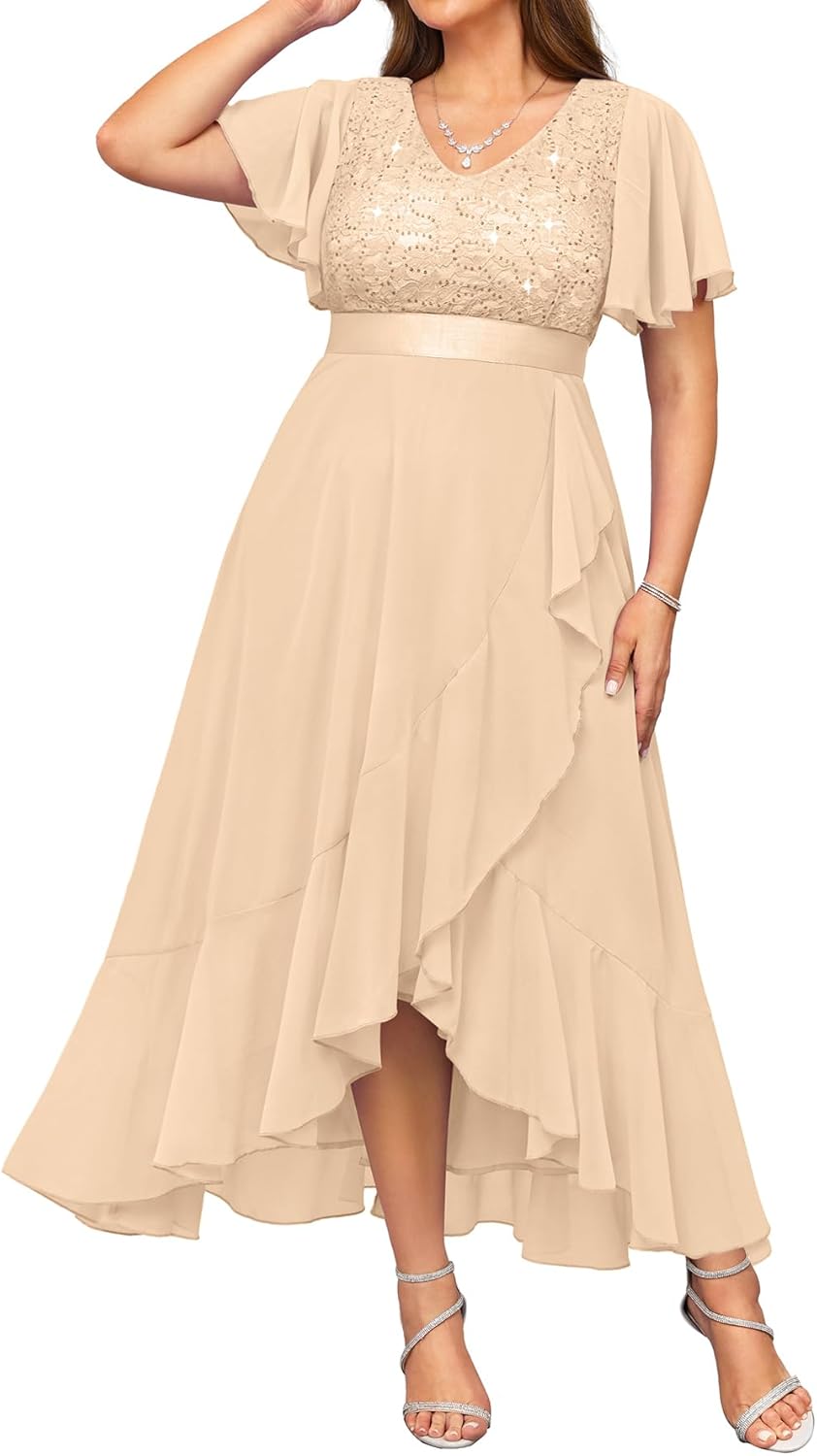 Pinup Fashion Plus Size Formal Dress – Evening Wedding Guest Cocktail Sequin Chiffon Long Dresses with Slit