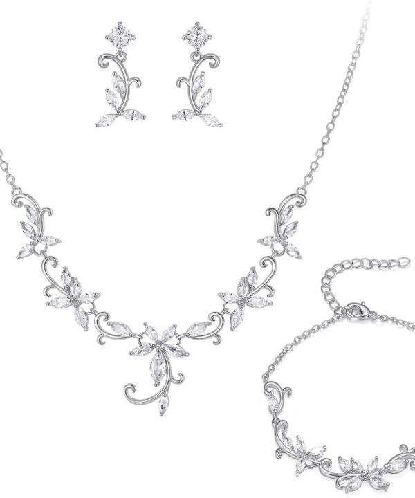 Crysdue Flower Leaf Wedding Jewelry Set for Bridal Bridemaid, Cubic Zirconia Teardrop Elegant Silver/14K/Rose Gold Plated Vine Necklace Dangle Earrings for Prom Party