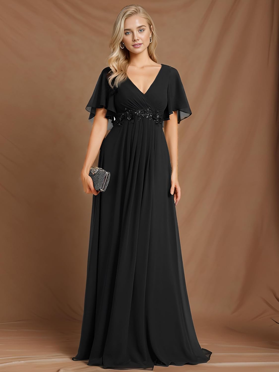 Ever-Pretty Womens Bridesmaid Dresses V-Neck Flutter Sleeve Long Chiffon A-Line Appliqued Waist Formal Dress