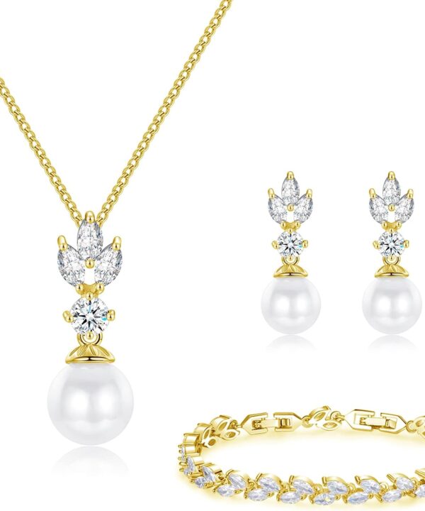 IDASANY Wedding Jewelry for Bride Bridesmaid, Pearl Dangle Earrings and Pendant Necklace Set Bridal Jewelry for Promise Wedding Party