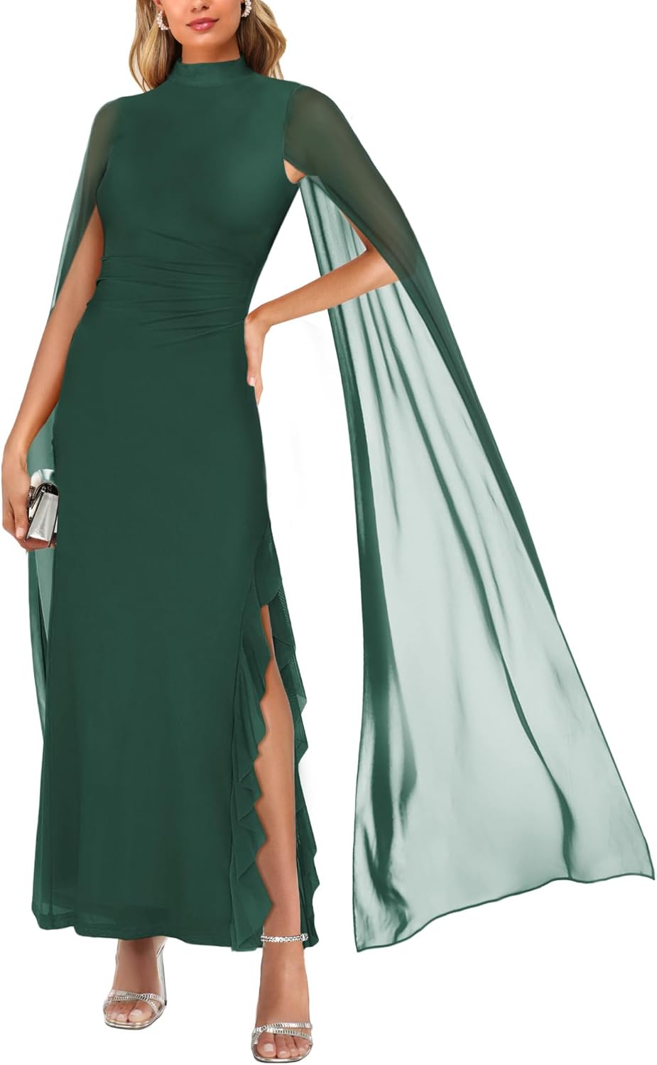 Aisbei Womens Elegant Mock Neck Slit Ruffle Bodycon Maxi Dress Evening Gowns Party Formal Wedding Guest Dresses with Cape