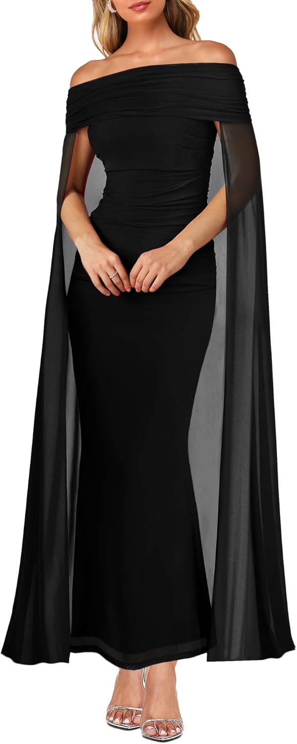 MAYFASEY Womens Elegant Off Shoulder Long Sleeve Mesh Ruched Bodycon Long Formal Party Evening Dress with Cape