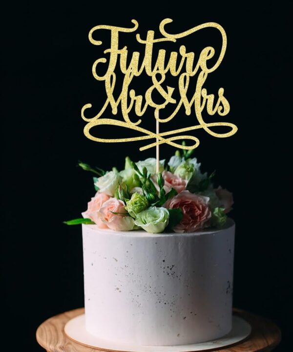 Future Mr and Mrs Cake Topper,Glitter Bridal Shower Cake Pick Decorations- for Wedding Engagement Theme Party Decoration,Bachelor Party Decorations Supplies (gold)