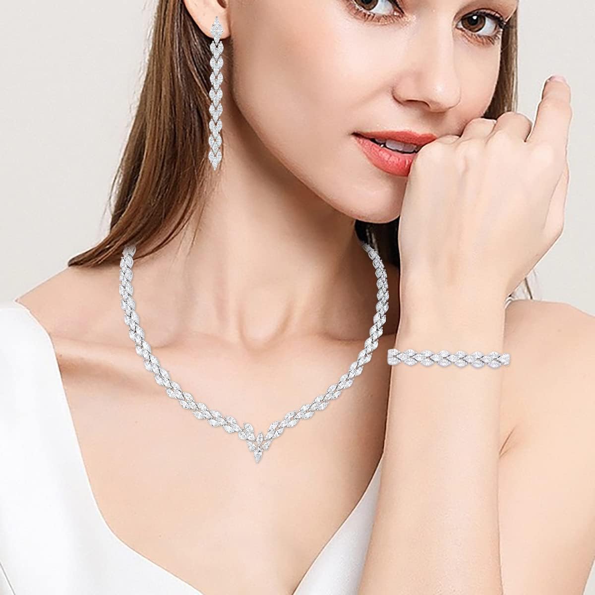 White Gold Plated Cubic Zirconia CZ Marquise Bridal Necklace Drop Dangle Earrings Bracelet set for Women Wedding Brides