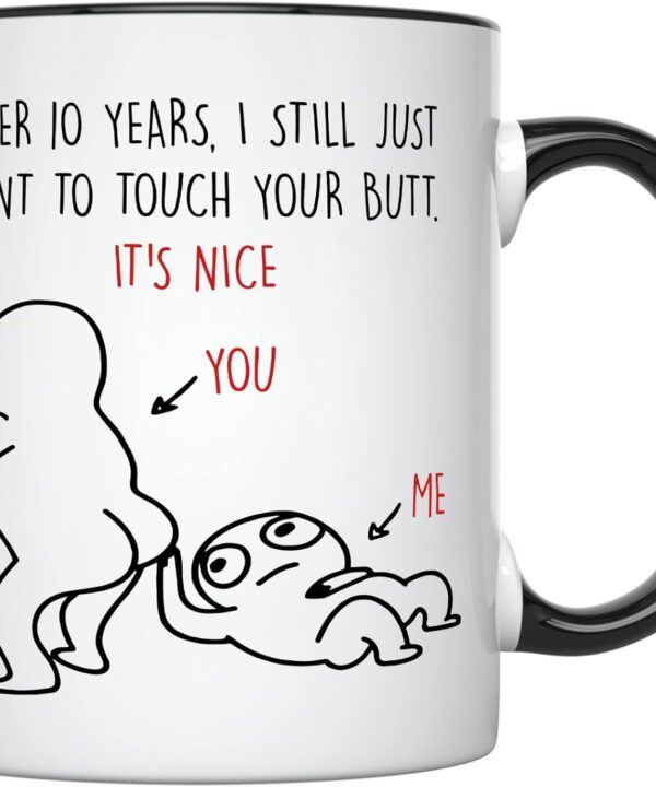 YouNique Designs 10 Year Anniversary Coffee Mug, 11 Ounces, Funny 10th Anniversary Mug for Him and Her, Tenth Year Wedding Anniversary Cup (Black Handle)