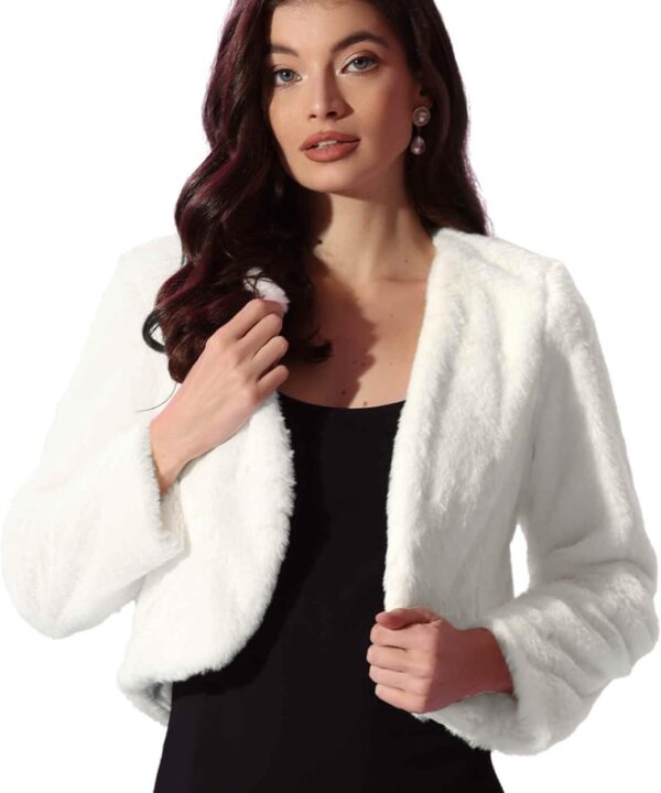 Allegra K Cropped Jacket for Women's Faux Fur with Pockets Long Sleeve Open Front Wedding Bolero Gowns Coat