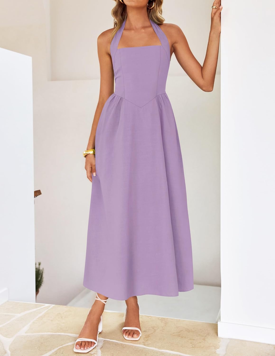 ZESICA Womens Summer Sleeveless Halter Midi Dress 2026 Off Shoulder High Waist Flowy Beach Wedding Guest Long Dresses