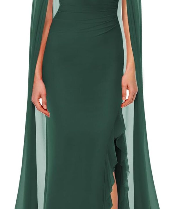 Aisbei Women's Elegant Mock Neck Slit Ruffle Bodycon Maxi Dress Evening Gowns Party Formal Wedding Guest Dresses with Cape