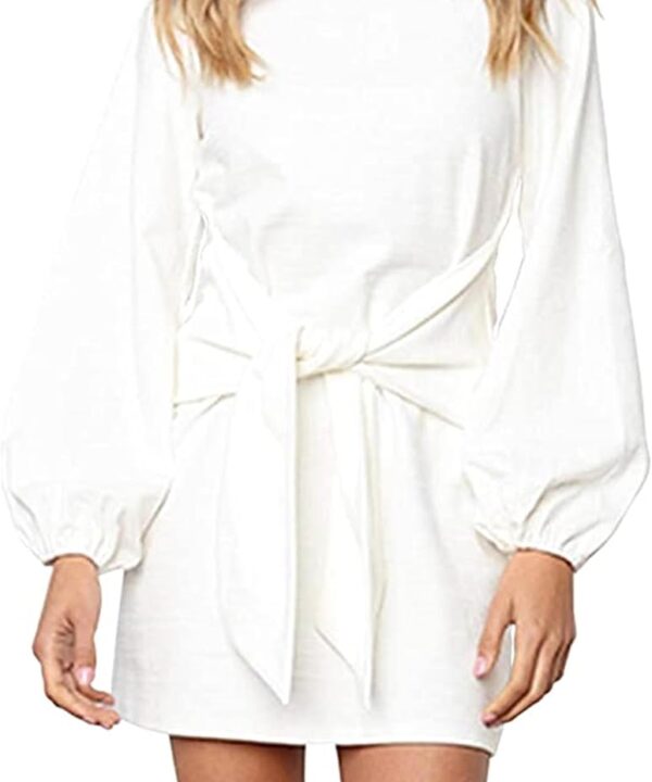 PRETTYGARDEN Womens Fall Elegant Long Lantern Sleeve Short Dress Wedding Guest Crewneck Tie Waist Knit Cocktail Dresses