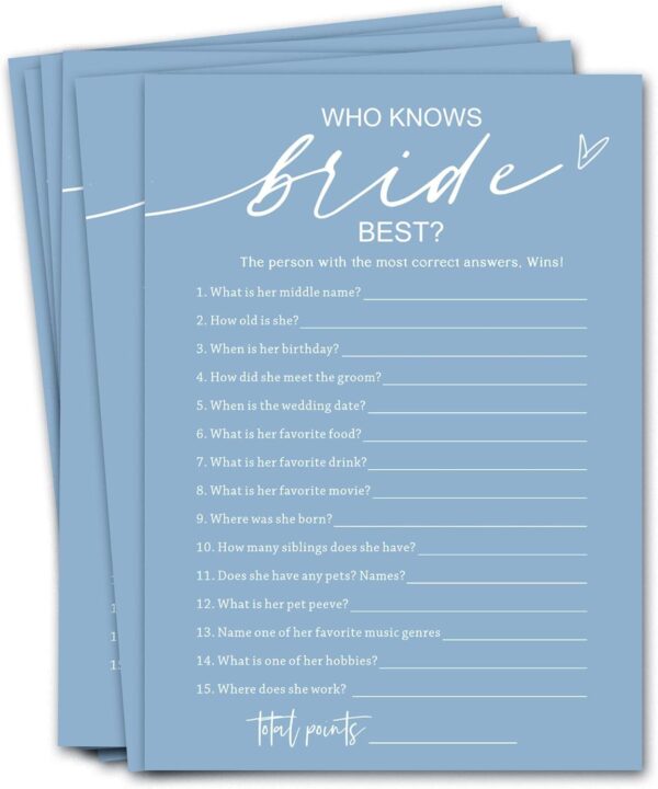 Bridal Shower Games Cards, Who Knows The Bride Best, 25 Guest Wedding Games, Minimalist Blue Wedding Party Supplies - B03