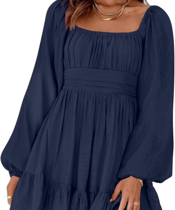 Dokotoo Womens Dress Long Lantern Sleeve Square Neck Tie Backless Sexy Dress Ruffle Elastic Waist A-Line Mini Dress