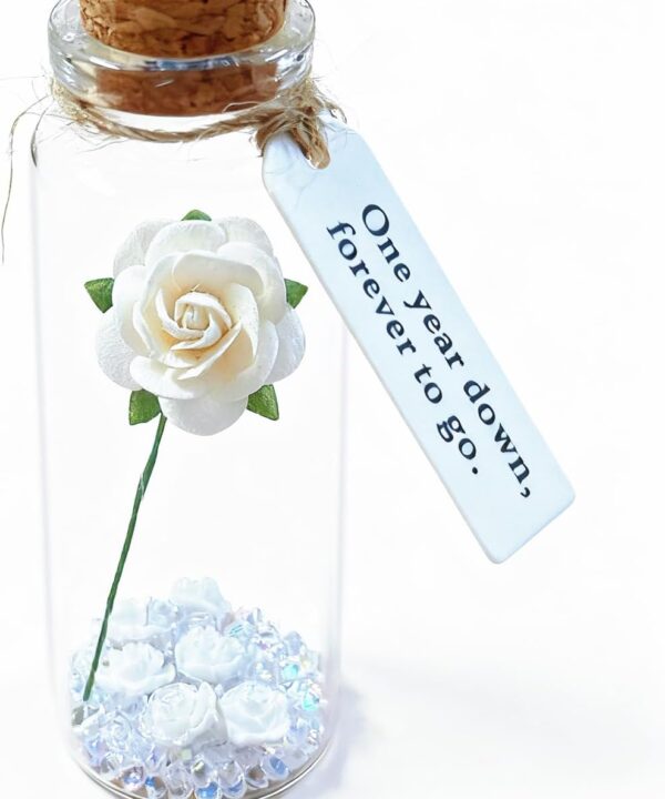 Paper Rose for 1 Year Anniversary Keepsake, Small Paper Rose in Glass Bottle with Message Tag One Year Down Forever to Go, First Anniversary Present for Husband, Wife, Him, or Her