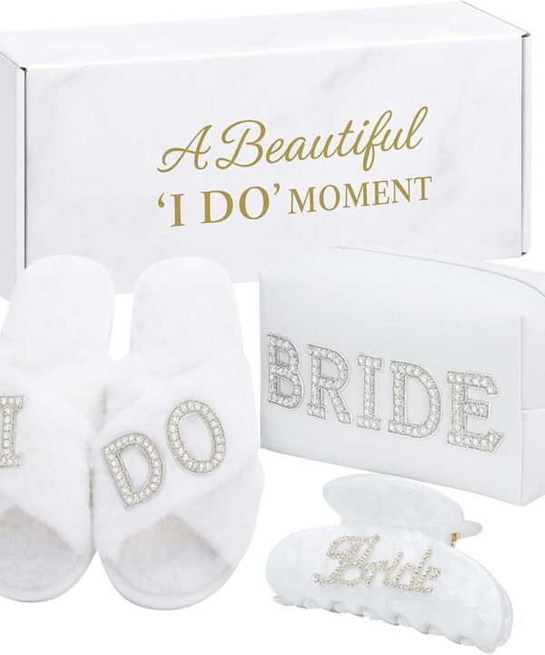 Bride To Be Gift Set, Bridal Shower Valentines Day Gifts, Wedding Gifts for Bride, Bachelorette Gifts for Bride, Engagement Gift for Her, Bachelor Party Gifts, Makeup Bag, I DO Slippers, Hair Clip