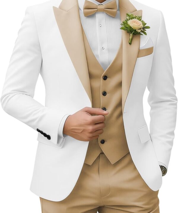 Men's 3 Piece Suits Slim Fit, Peak Lapel 2 Button Blazer Jacket Vest Pants Set, Wedding Business Prom Party Suit