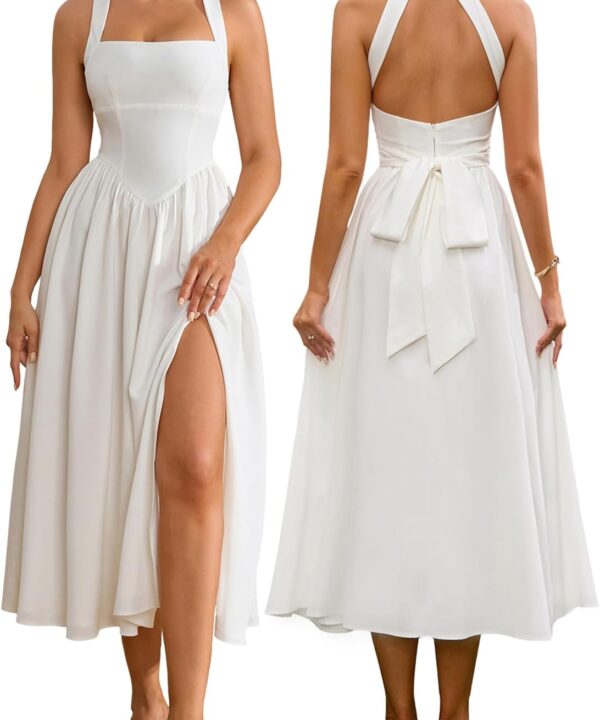 EYNMIN Floral Midi Dress Halter Neck Flowy A Line Split Lace Up Wedding Guest Dresses Casual Sundress for Women 2025