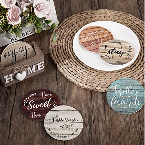 Queekay Coasters Set of 6 House Warming Gifts New Home Wooden Farmhouse Drink Coasters with Holder 4 Funny Decoration for Kitchen Family Coffee Bar Tabletop Protection(Farmhouse Color)