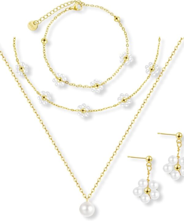 Gold Jewelry Set for Women Dainty 18K Gold Silver Plated Layered Daisy Pearl Flower Choker Necklaces Set Flower Bracelet & Drop Earrings Wedding Jewelry for Christmas Birthday Gifts