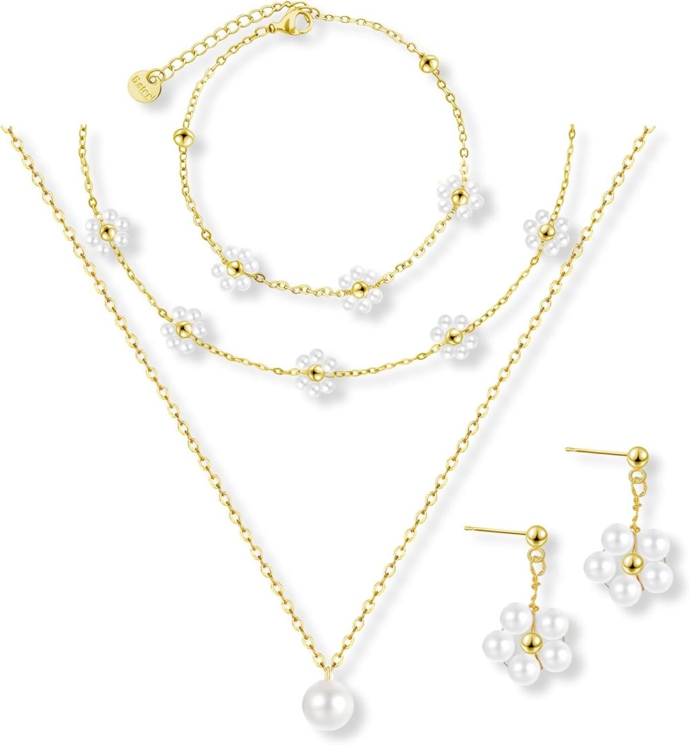 Gold Jewelry Set for Women Dainty 18K Gold Silver Plated Layered Daisy Pearl Flower Choker Necklaces Set Flower Bracelet & Drop Earrings Wedding Jewelry for Christmas Birthday Gifts