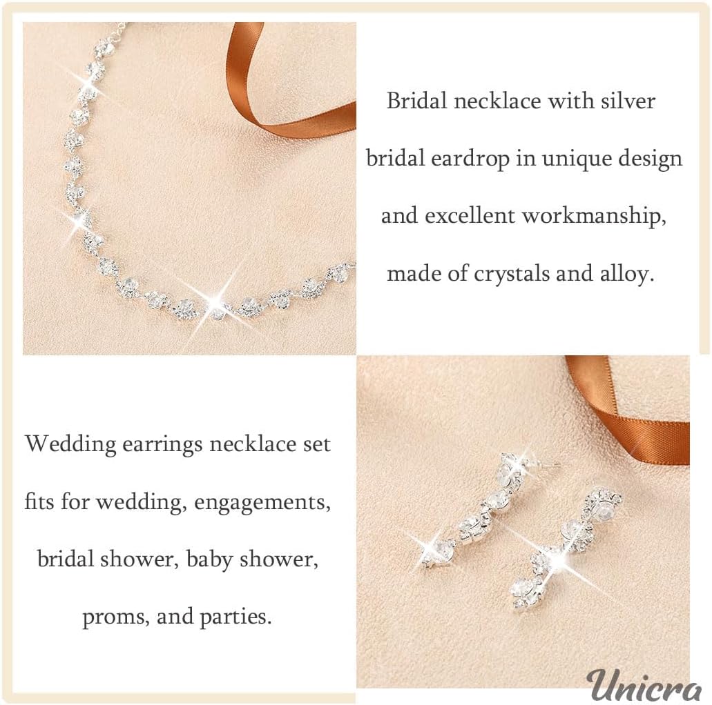 Unicra Bride Silver Necklace Earrings Set Crystal Bridal Wedding Jewelry Set Rhinestone Choker Necklace for Women and Brides