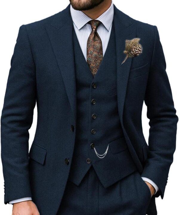 Men's Classic Suits Regular Fit 3 Piece Prom Tuxedos Tweed Herringbone Jacket+Vest+Trousers Wedding Grooms